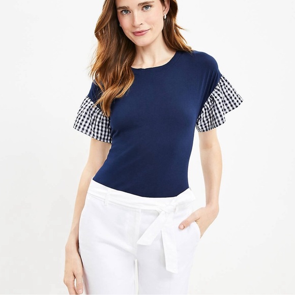 LOFT Tops - LOFT Navy Blue Gingham Sleeve Women's Top - Size Large NEW